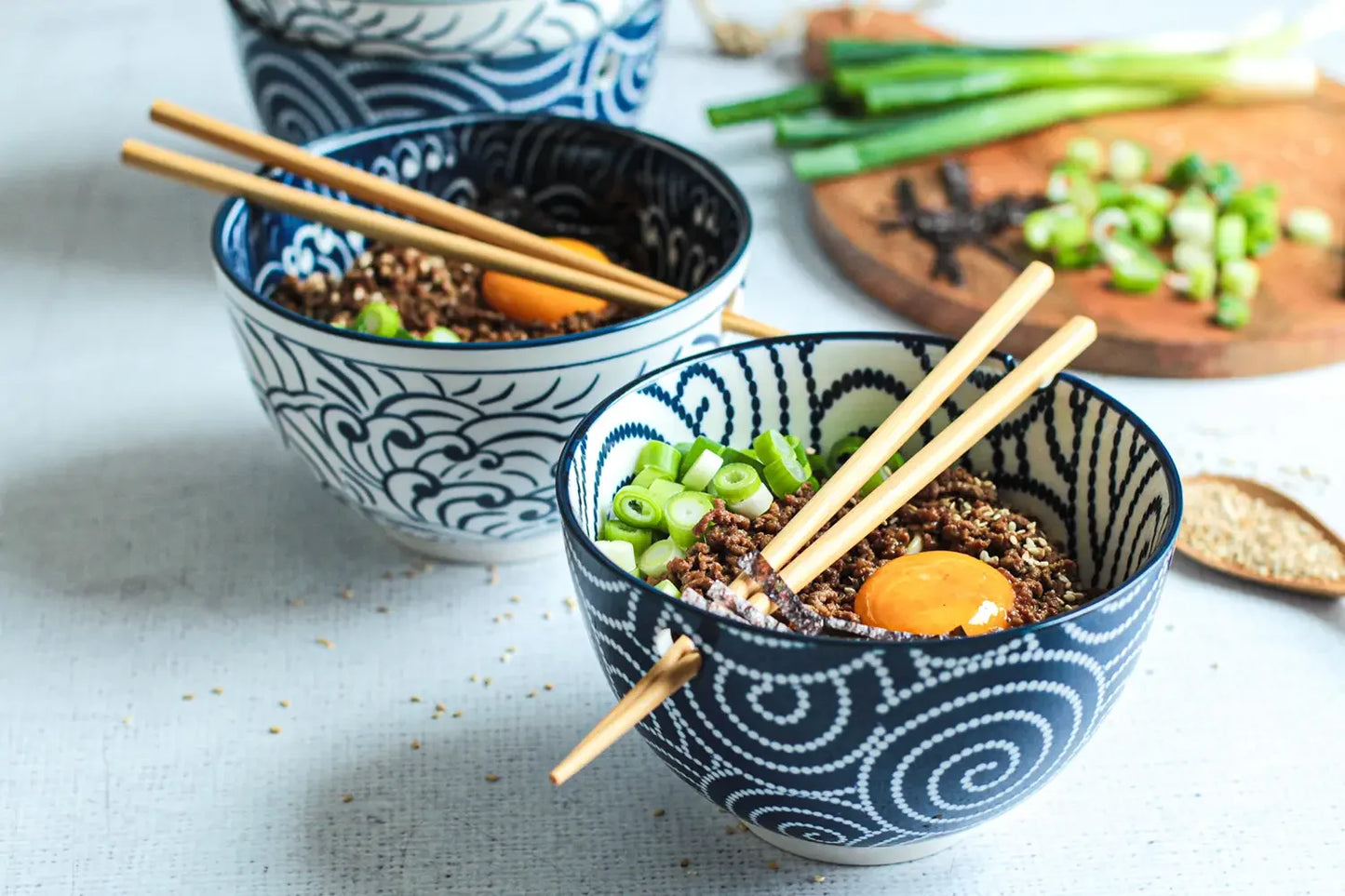 Kyoto Bowl Set "Culinary Delight", with Chopsticks, 2 Designs | 8-pc. | Blue | Porcelain