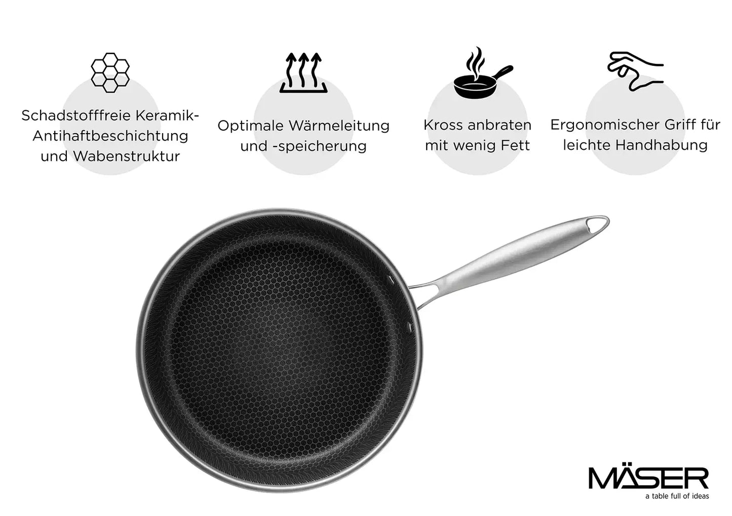 Vulcano Ceramica Frying Pan, ceramic coated with honeycomb structure | Silver / Black | 18/10 Stainless Steel
