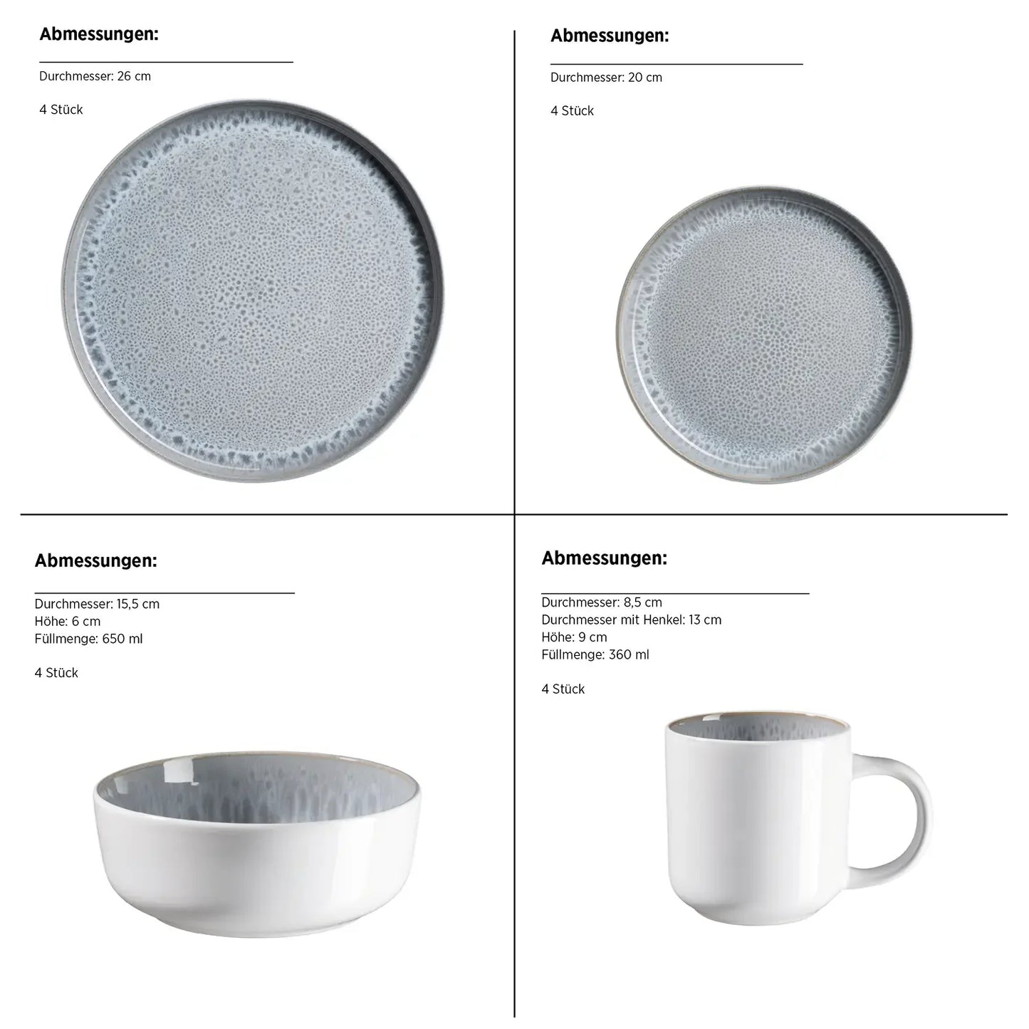 Set de vaisselle Luna | 16 pièces | Gris | Grès