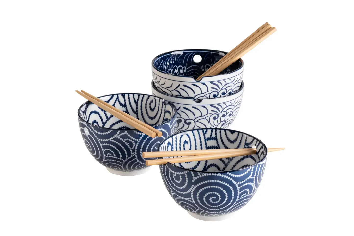 Kyoto Bowl Set "Culinary Delight", with Chopsticks, 2 Designs | 8-pc. | Blue | Porcelain