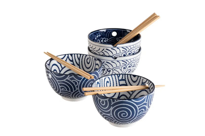 Kyoto Bowl Set "Culinary Delight", with Chopsticks, 2 Designs | 8-pc. | Blue | Porcelain