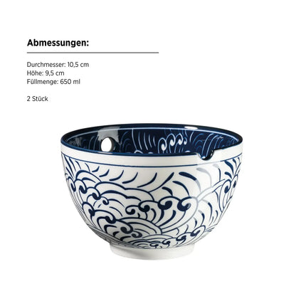 Kyoto Bowl Set "Culinary Delight", with Chopsticks, 2 Designs | 8-pc. | Blue | Porcelain