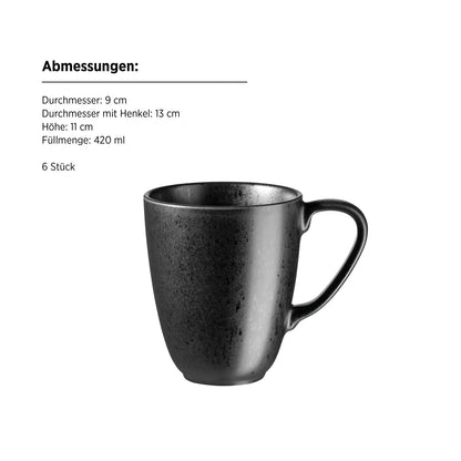 Mug Purist 420 ml | Lot de 6 | Noir | Grès | Fabriqué au Portugal