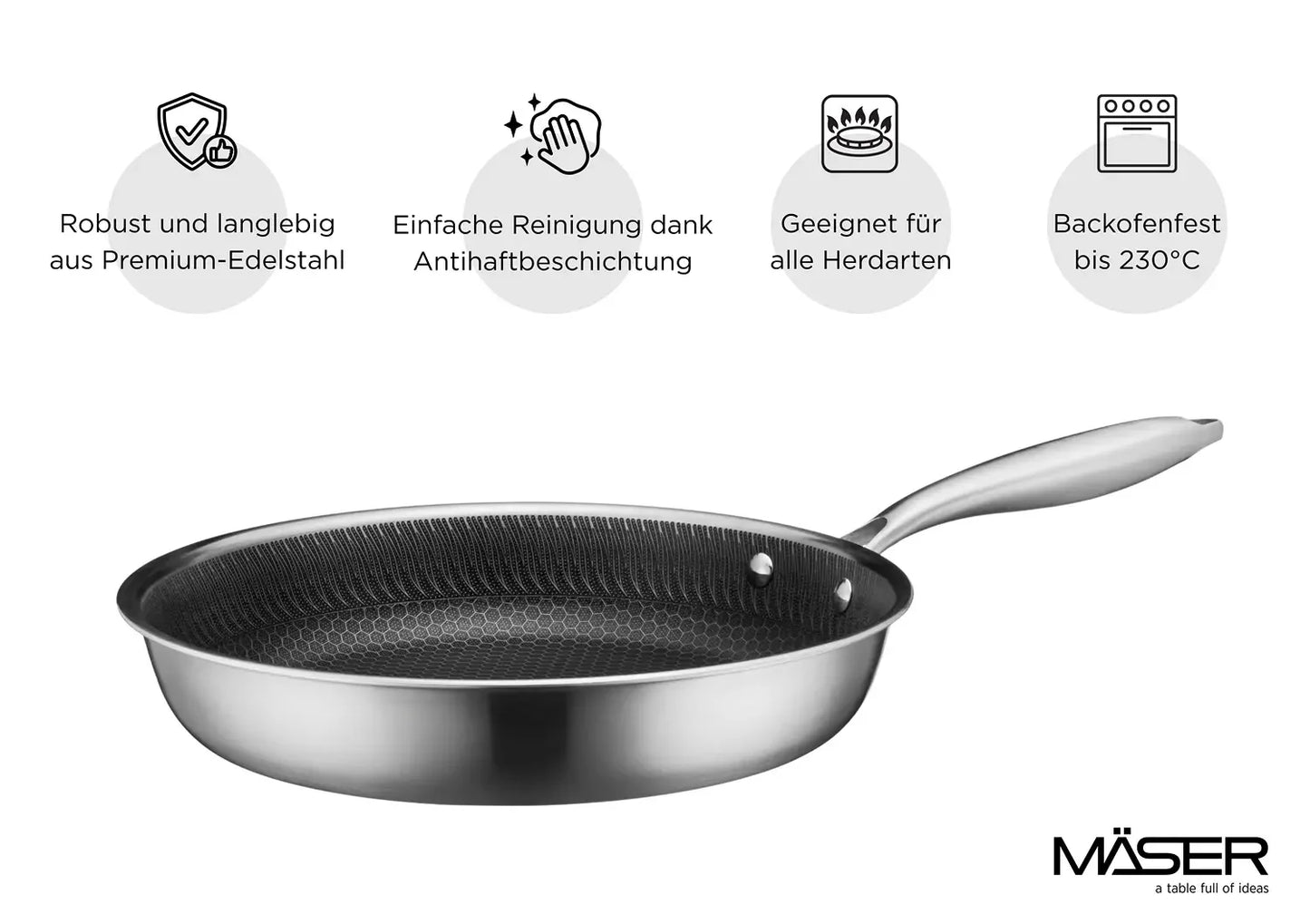 Vulcano Ceramica Frying Pan, ceramic coated with honeycomb structure | Silver / Black | 18/10 Stainless Steel