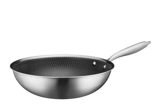 Vulcano Ceramica Wok, keramikbeschichtet mit Wabenstruktur | Silber / Schwarz | Edelstahl 18/10