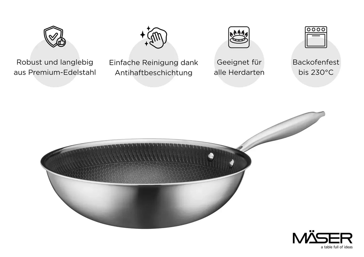 Vulcano Ceramica Wok, ceramic-coated with honeycomb structure | Silver / Black | 18/10 stainless steel