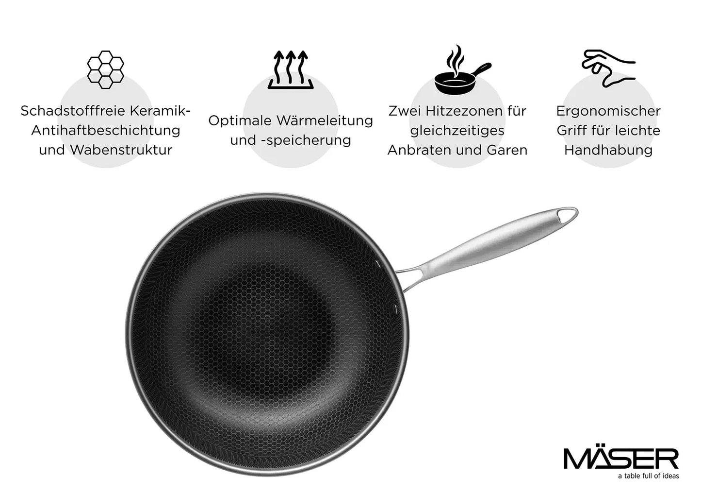 Vulcano Ceramica Wok, ceramic-coated with honeycomb structure | Silver / Black | 18/10 stainless steel