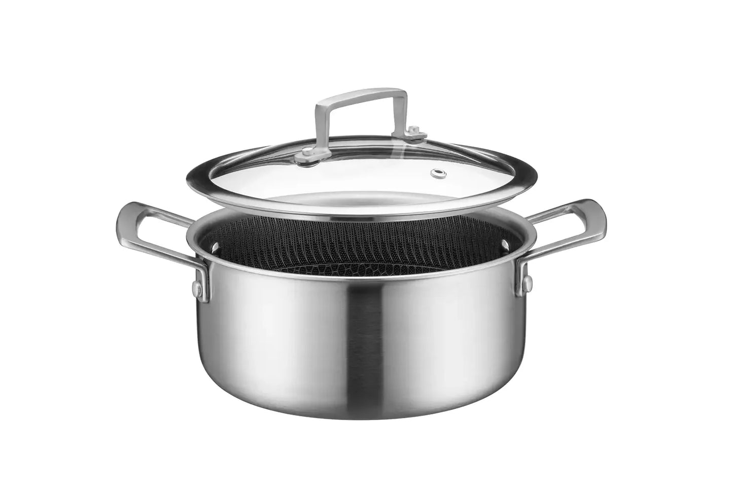 Vulcano Ceramica Saucepan with Glass Lid, Ceramic-Coated with Honeycomb Structure | Silver / Black | 18/10 Stainless Steel