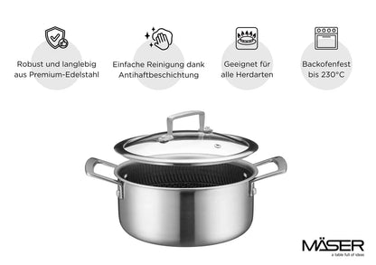 Vulcano Ceramica Saucepan with Glass Lid, Ceramic-Coated with Honeycomb Structure | Silver / Black | 18/10 Stainless Steel