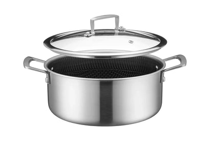Vulcano Ceramica Faitout avec couvercle en verre, revêtement céramique avec structure alvéolaire | Argent / Noir | Acier inoxydable 18/10