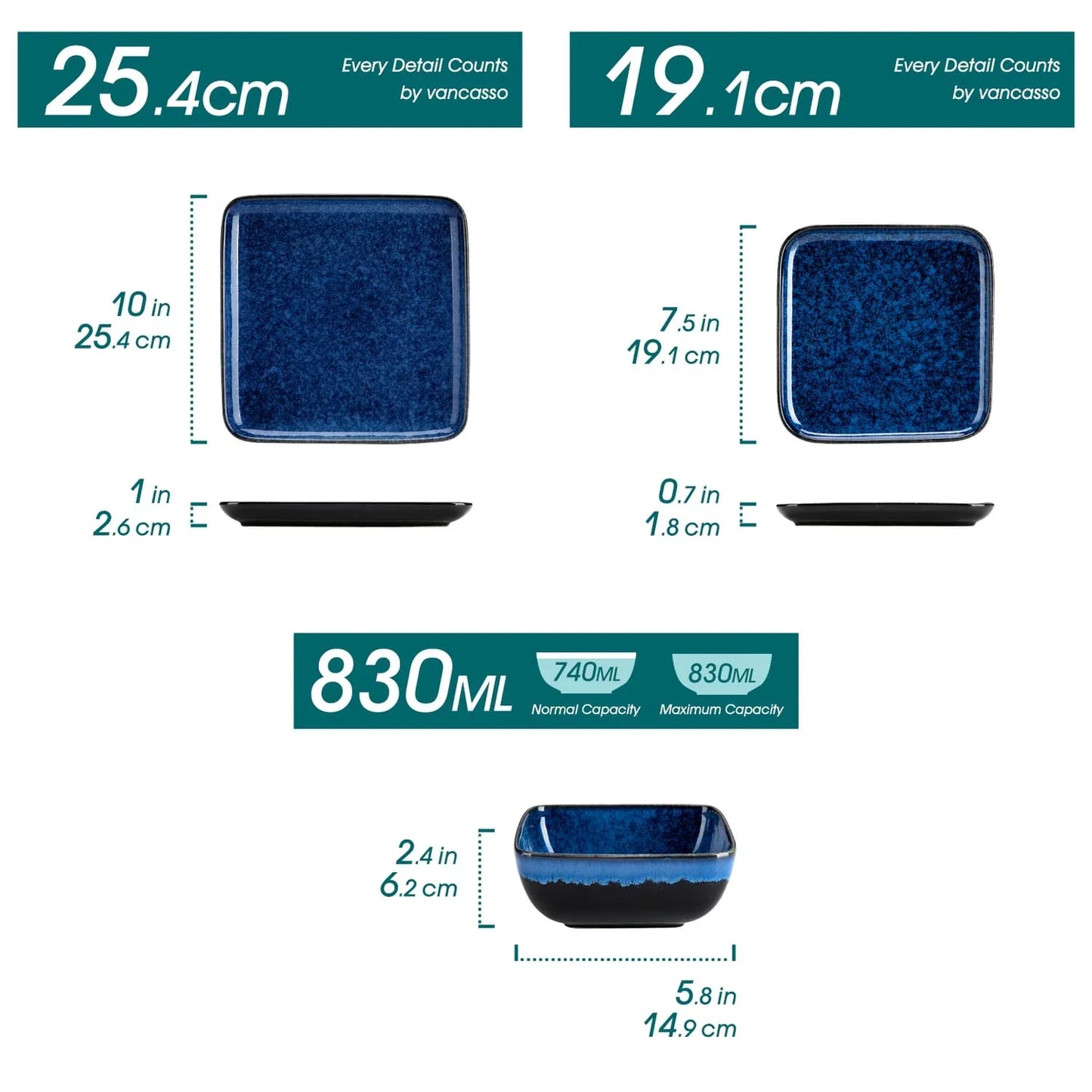 "Color Square" Collection | 12/24/36-piece Dinnerware Set | Blue | Stoneware