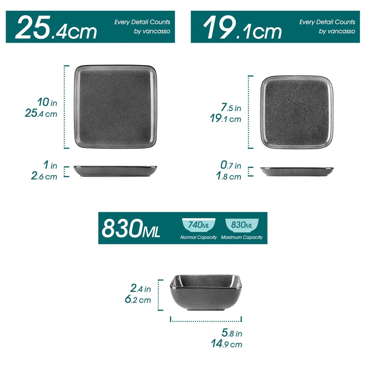 "Color Square" Collection | 12/24/36-piece Dinnerware Set | Grey | Stoneware