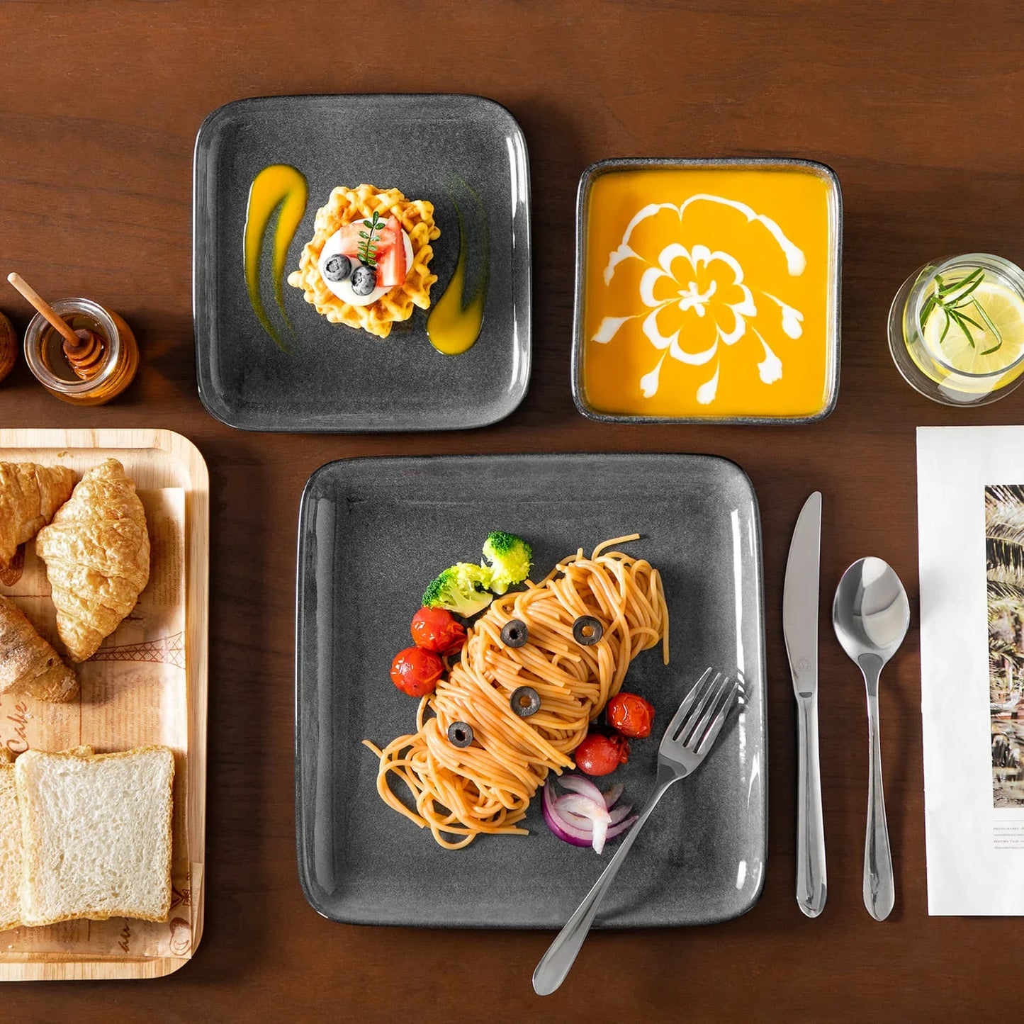 "Color Square" Collection | 12/24/36-piece Dinnerware Set | Grey | Stoneware