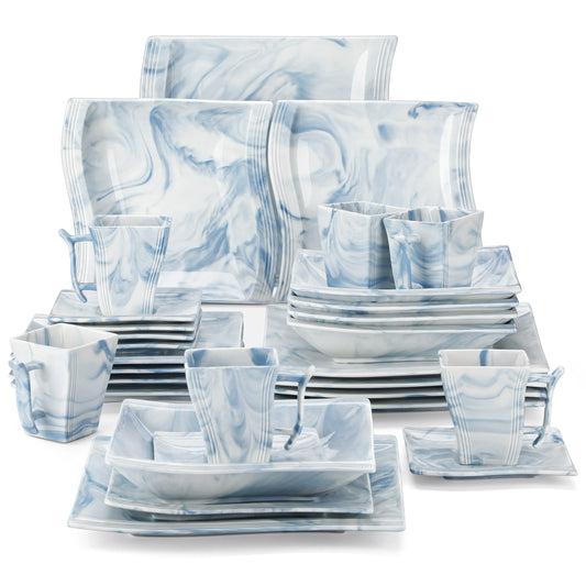 "Nordic" Kollektion | Geschirr Set 30-tlg. | weiß-blau | Porzellan - Töpferkunst | Steingut Geschirrsets