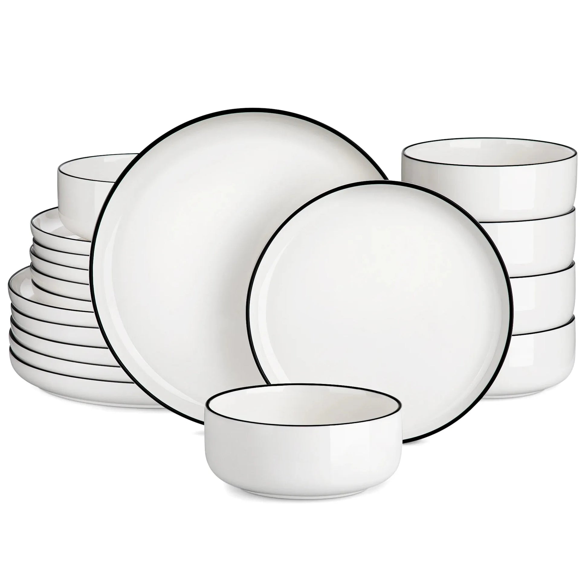 "Nordic" Kollektion | Geschirr Set 18/36-tlg. | Weiß (schwarzer Rand) | Porzellan - Töpferkunst | Steingut Geschirrsets