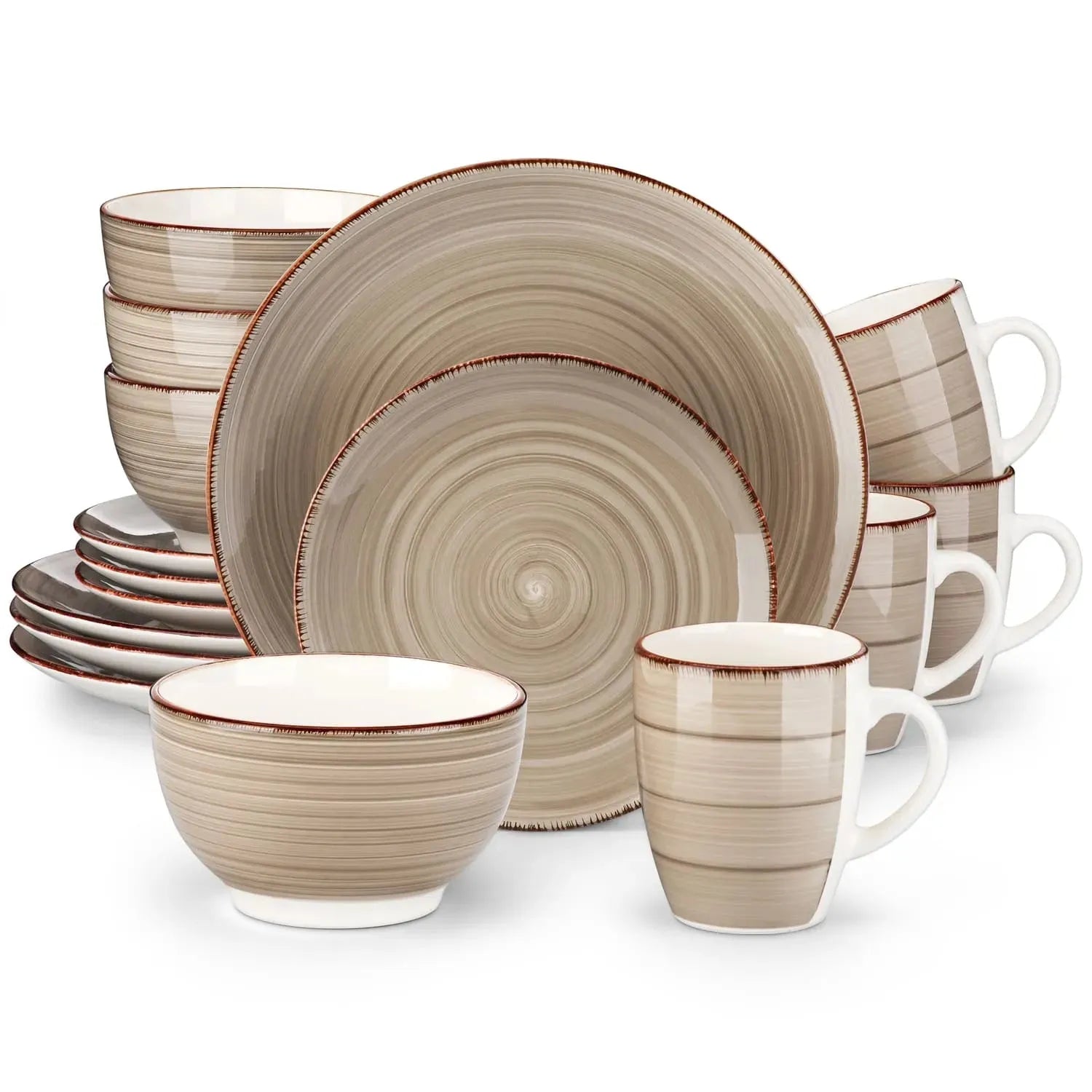 "Spiral" Kollektion | 16/32/48-tlg. Geschirr Set | Braun, Beige | Steingut - Töpferkunst | Steingut Geschirrsets