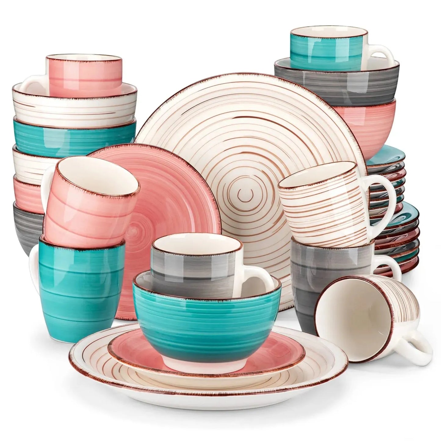 "Spiral" Kollektion | 16/32/48-tlg. Geschirr Set | Bunt, Beige, Grau, rot, Türkis | Steingut - Töpferkunst | Steingut Geschirrsets